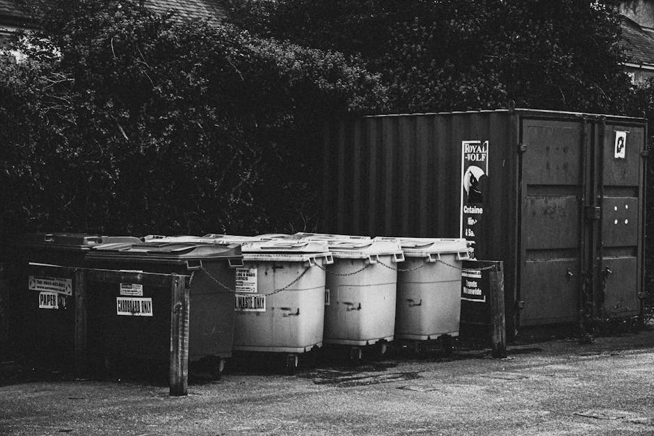 A row of five large white wheelie bins with closed lids, positioned on a paved area adjacent to a dark wooden fence and dense foliage of trees and shrubs in the background. To the right of the wheelie bins, there is a large dark shipping container with double doors, placed outdoors on the pavement. There is a small black sign attached to the container, and the bins are marked with labels such as 'Waste Only' and 'Confidential Waste.' The scene appears to be part of a waste collection or disposal area, typically associated with house or office move preparations. This setting reflects the process of packing and clearing belongings during a home relocation or removals, a service often provided by companies like Man with Van South Norwood, which facilitates efficient furniture transport and moving logistics.