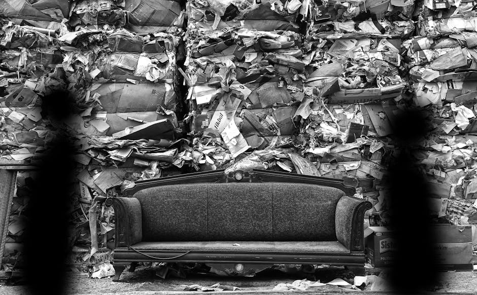 A black and white photograph showing a vintage-style upholstered sofa positioned indoors in front of a wall densely filled with crumpled newspapers, cardboard, and packing materials. The sofa has wooden armrests and a curved backrest, with the seat cushion appearing slightly worn. The background wall of newspaper and cardboard waste suggests a setting related to waste disposal or recycling, possibly associated with home relocation or clearing out furniture during a house move. The area is illuminated evenly, with no visible natural light source, highlighting the cluttered environment. This scene reflects furniture disposal or packing and moving processes that [manwithvansouthnorwood.co.uk](https://manwithvansouthnorwood.co.uk) services within the scope of house removals and logistics.