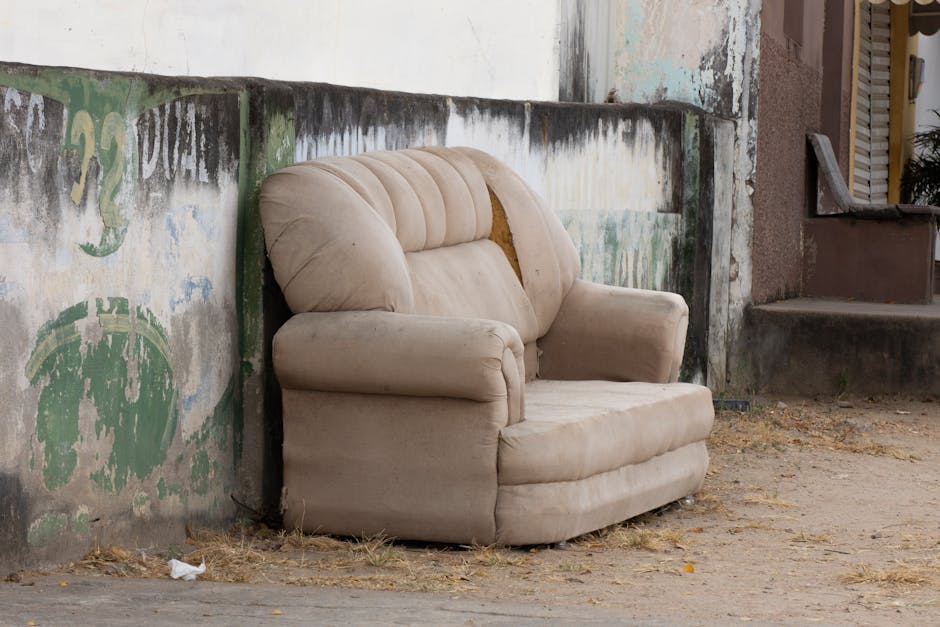 A black and white photograph showing a vintage-style upholstered sofa positioned indoors in front of a wall densely filled with crumpled newspapers, cardboard, and packing materials. The sofa has wooden armrests and a curved backrest, with the seat cushion appearing slightly worn. The background wall of newspaper and cardboard waste suggests a setting related to waste disposal or recycling, possibly associated with home relocation or clearing out furniture during a house move. The area is illuminated evenly, with no visible natural light source, highlighting the cluttered environment. This scene reflects furniture disposal or packing and moving processes that [manwithvansouthnorwood.co.uk](https://manwithvansouthnorwood.co.uk) services within the scope of house removals and logistics.